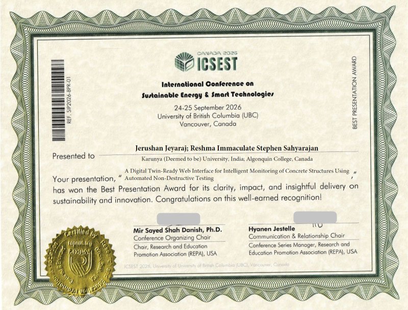 ICSEST-2026 Best Presentation Award certificate for Jerushan Jeyaraj and Reshma Immaculate Stephen Sahyarajan