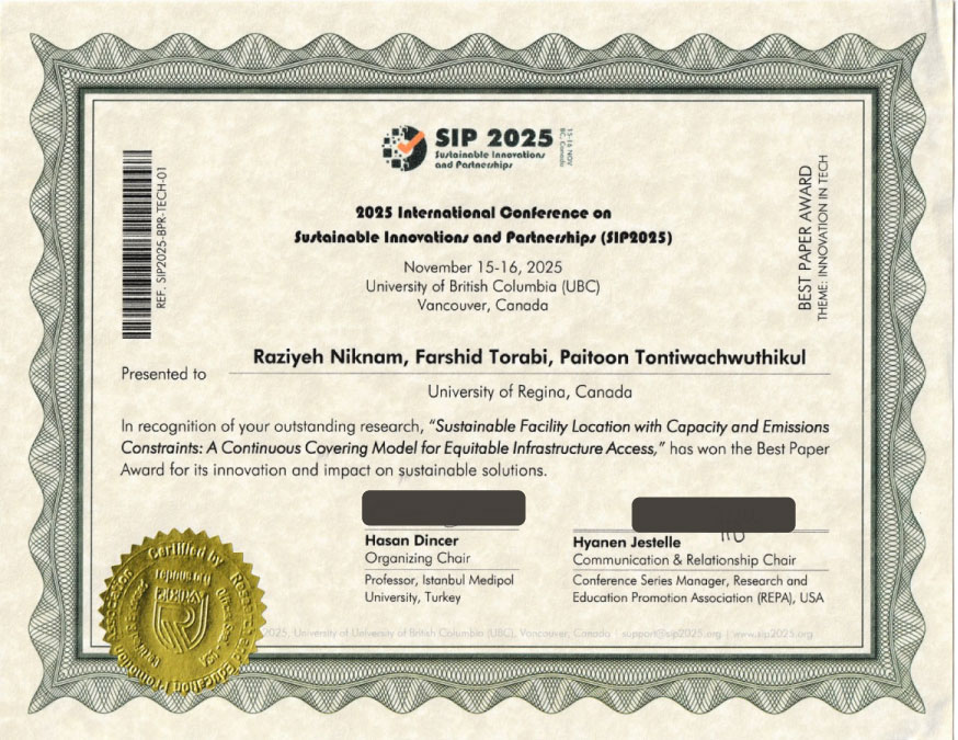 Sample award recognition from a previous conference edition